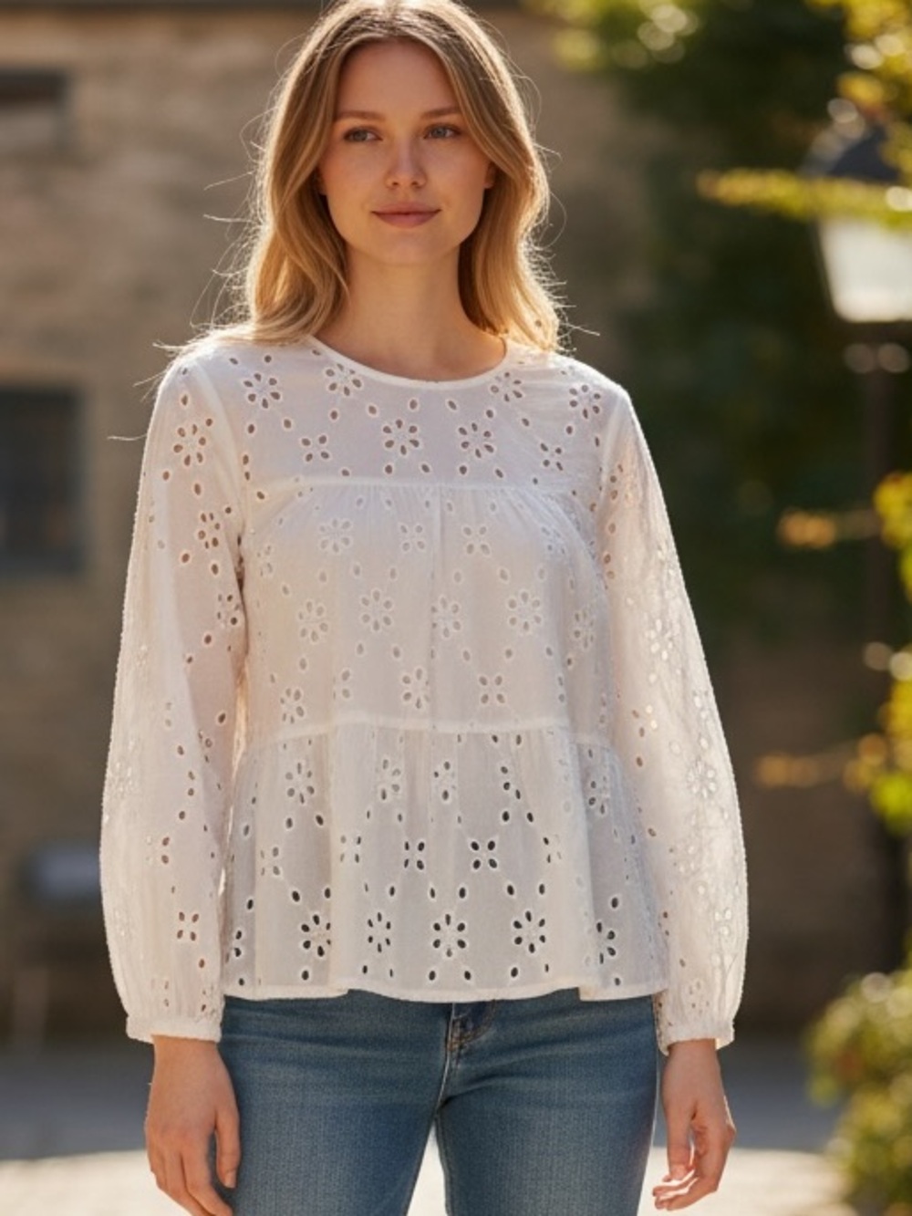 J. Crew White Eyelet Cotton Tiered Long-Sleeve Top Size Medium